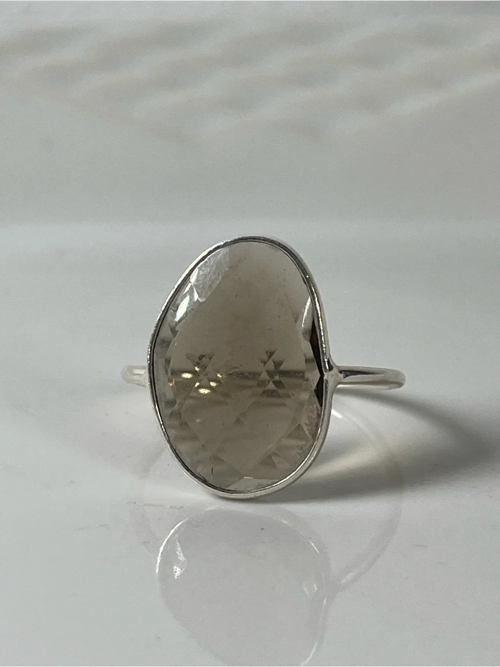 Solid Sterling Silver 925 Smokey Quartz Gemstone Flat Stacker Ring Size 8